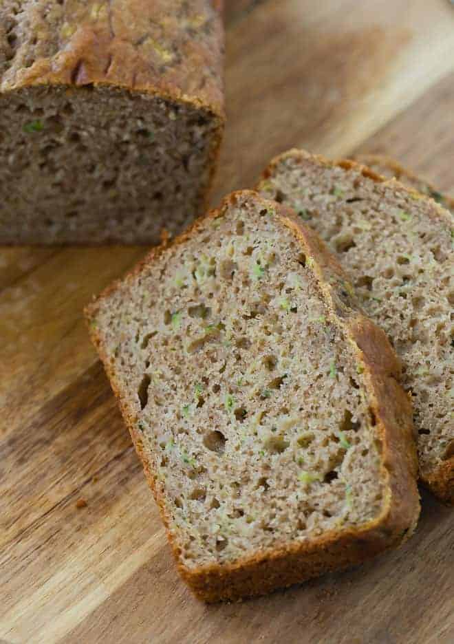 Close up of sliced whole wheat zucchini bread.