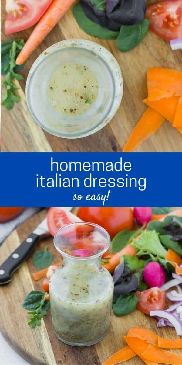 two images of dressing in a small glass carafe, text overlay reads "Homemade Italian Dressing"