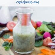 Dressing in a small glass carafe, text overlay reads "Easy Homemade Italian Dressing"