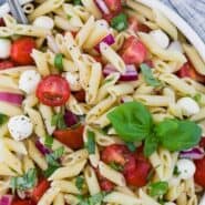 A white bowl full of pasta, fresh mozzarella, tomatoes, and fresh basil. A text overlay reads "the best caprese pasta salad."