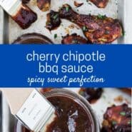 Two images of BBQ chicken drumsticks with a text overlay that reads "cherry chipotle bbq sauce, spicy sweet perfection"