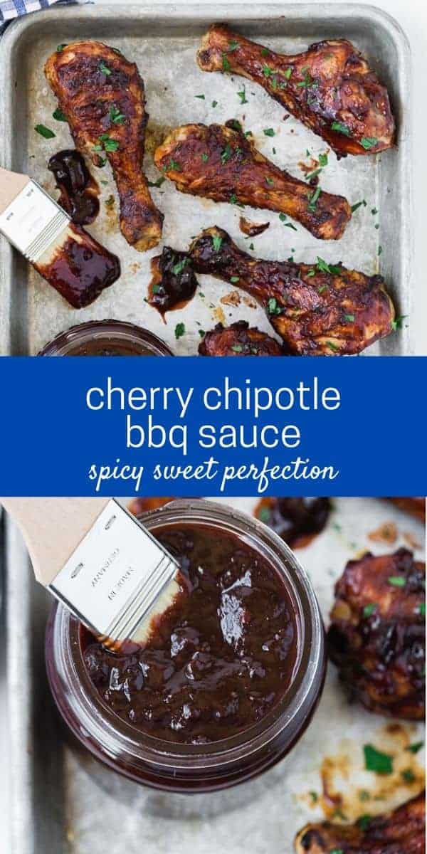 Two images of BBQ chicken drumsticks with a text overlay that reads "cherry chipotle bbq sauce, spicy sweet perfection"