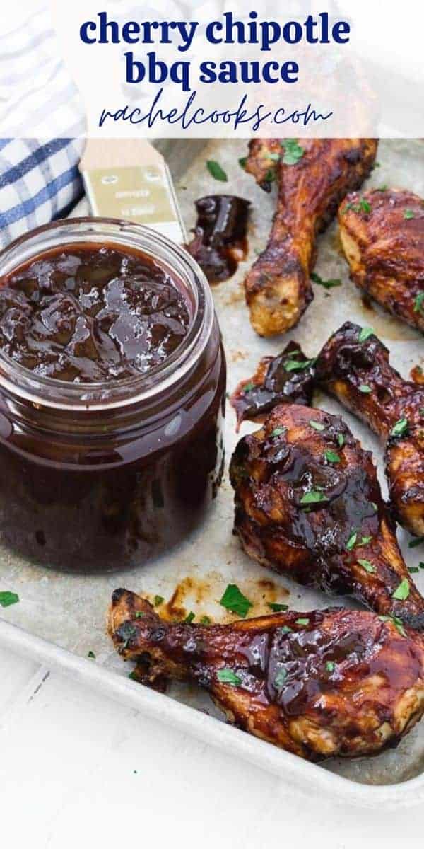 BBQ chicken drumsticks with a text overlay that reads "cherry chipotle bbq sauce."