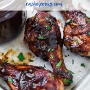 BBQ chicken drumsticks with a text overlay that reads "cherry chipotle bbq sauce."