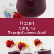 Three glasses of a dark red frozen beverage. Text overlay reads "frozen sangria."