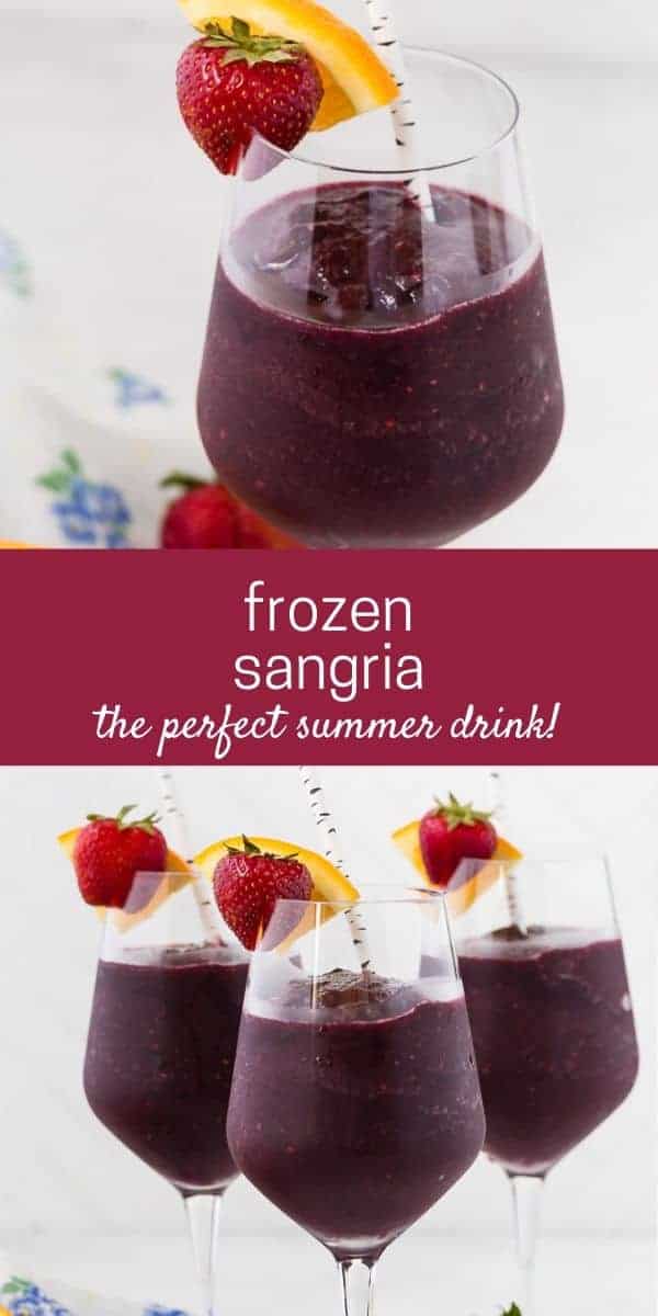 Three glasses of a dark red frozen beverage. Text overlay reads "frozen sangria."