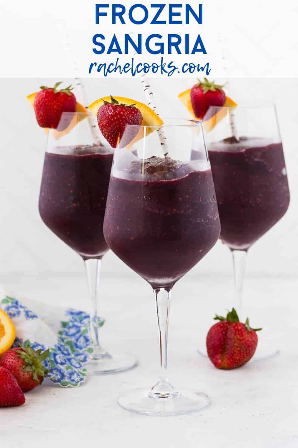 Three glasses of a dark red frozen beverage. Text overlay reads "frozen sangria."