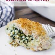 A breaded chicken breast stuffed with spinach, feta, and onion. Text overlay reads "easy greek stuffed chicken."