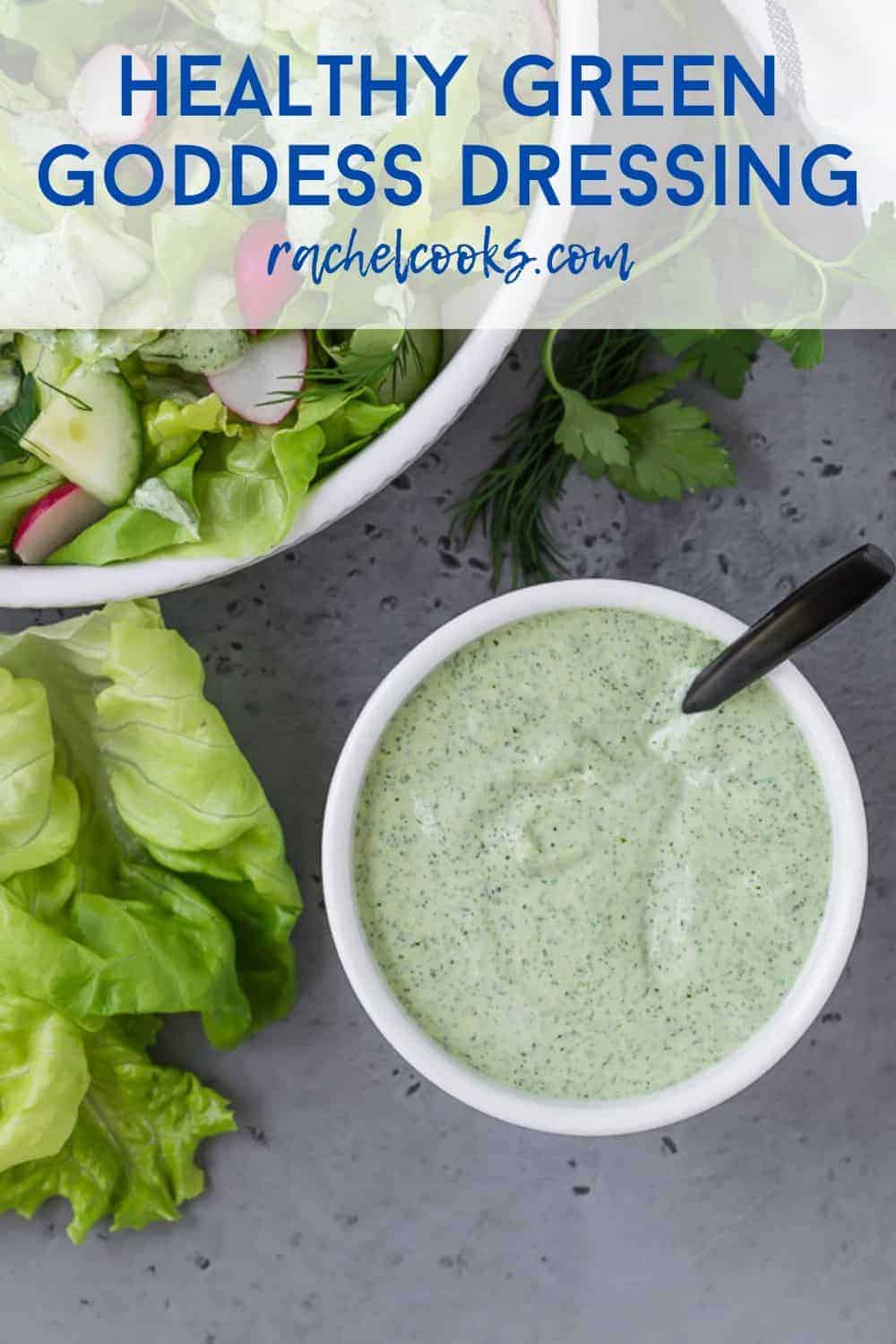 Green and white salad dressing in a white bowl with a black spoon. Text overlay reads "healthy green goddess salad dressing."
