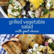 Two image collage of a warm vegetable salad, text overlay rads "grilled vegetable salad with goat cheese."