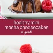 Small chocolate cheesecakes topped with chocolate syrup and raspberries.