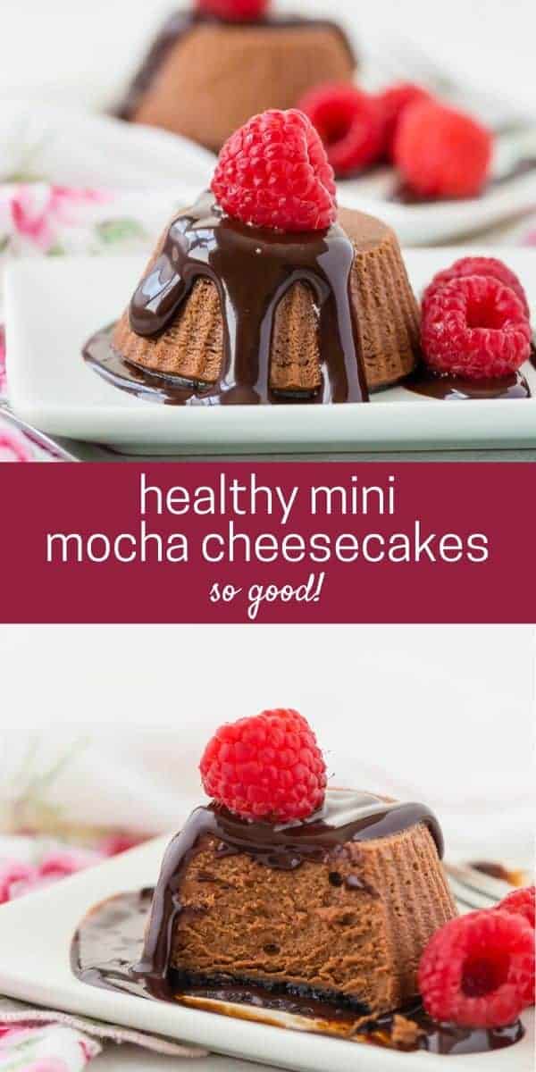 Small chocolate cheesecakes topped with chocolate syrup and raspberries.