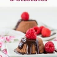 Small chocolate cheesecakes topped with chocolate syrup and raspberries.