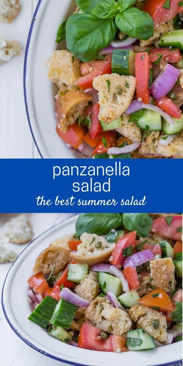 Two images of salad on a white plate, consisting of tomatoes, cucumbers, croutons, fresh herbs, and red onions. Text overlay reads "panzanella salad - the best summer salad"