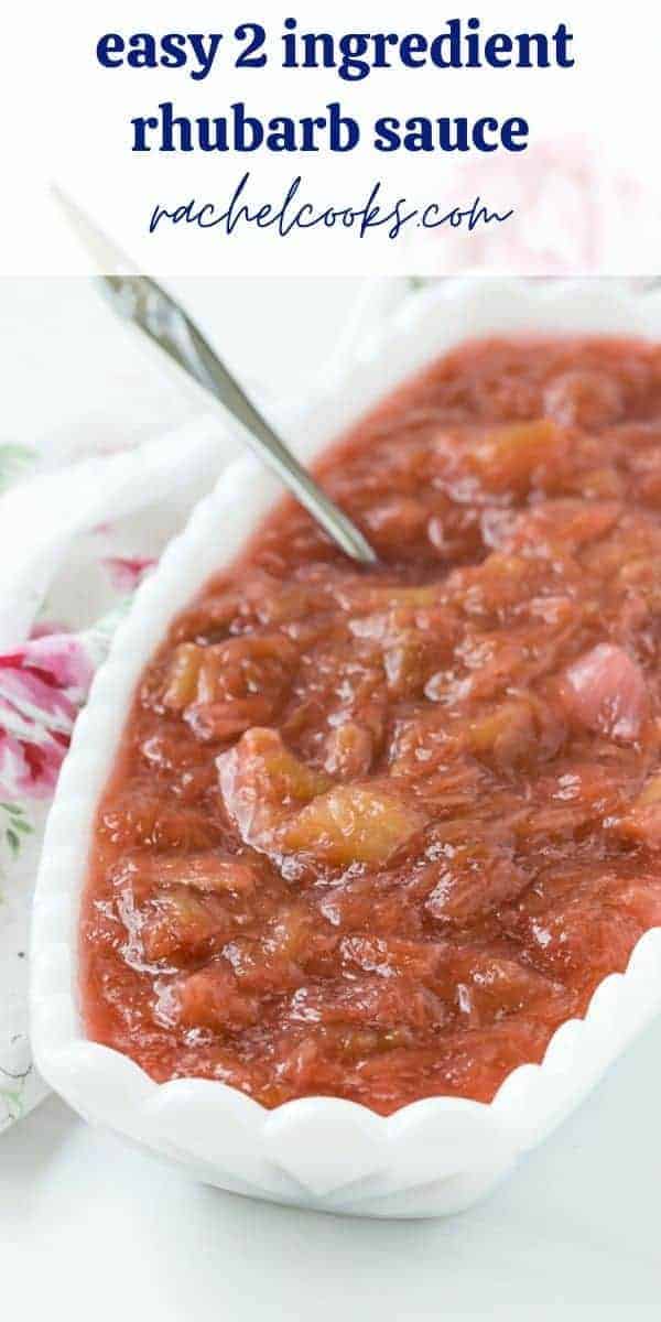 Light red sauce in a white oval bowl. Text overlay reads "rhubarb sauce - two ingredients!"