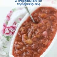 Light red sauce in a white oval bowl. Text overlay reads "rhubarb sauce - two ingredients!"