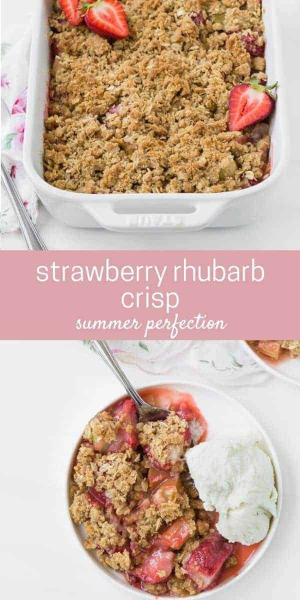 Two images of strawberry rhubarb crisp, one in a white baking dish, and one on a round white plate.