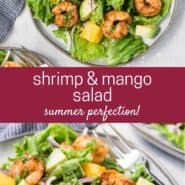 Two images of a colorful green salad with shrimp, mango and avocado. Text overlay reads, "shrimp, mango, and avocado salad."