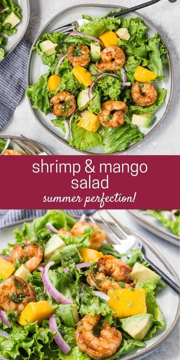 Two images of a colorful green salad with shrimp, mango and avocado. Text overlay reads, "shrimp, mango, and avocado salad."