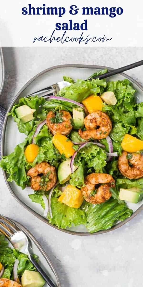 Overhead view of a colorful salad with shrimp, mango and avocado. Text overlay reads, "shrimp, mango, and avocado salad."