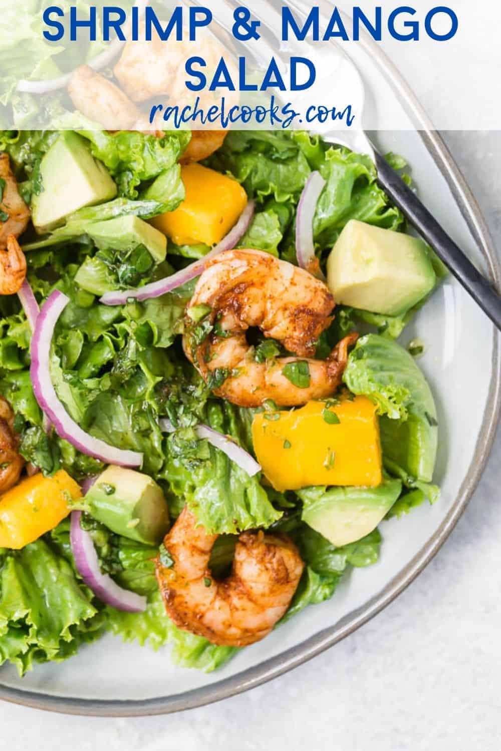 Overhead view of a colorful salad with shrimp, mango and avocado. Text overlay reads, "shrimp & mango salad."