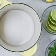 Overhead view of simple syrup ingredients, including flavor mix-ins.