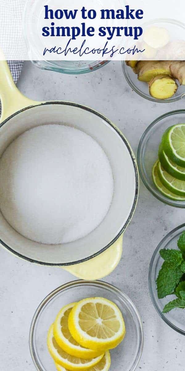 Overhead view of simple syrup ingredients, including flavor mix-ins.