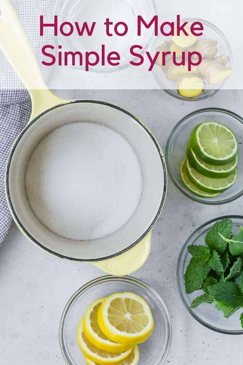 Overhead view of simple syrup ingredients, including flavor mix-ins.