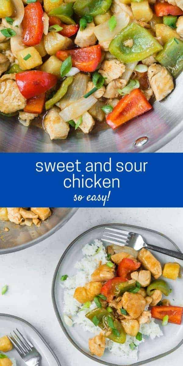 Sweet and sour chicken in a wok, rice and green onions also pictured.