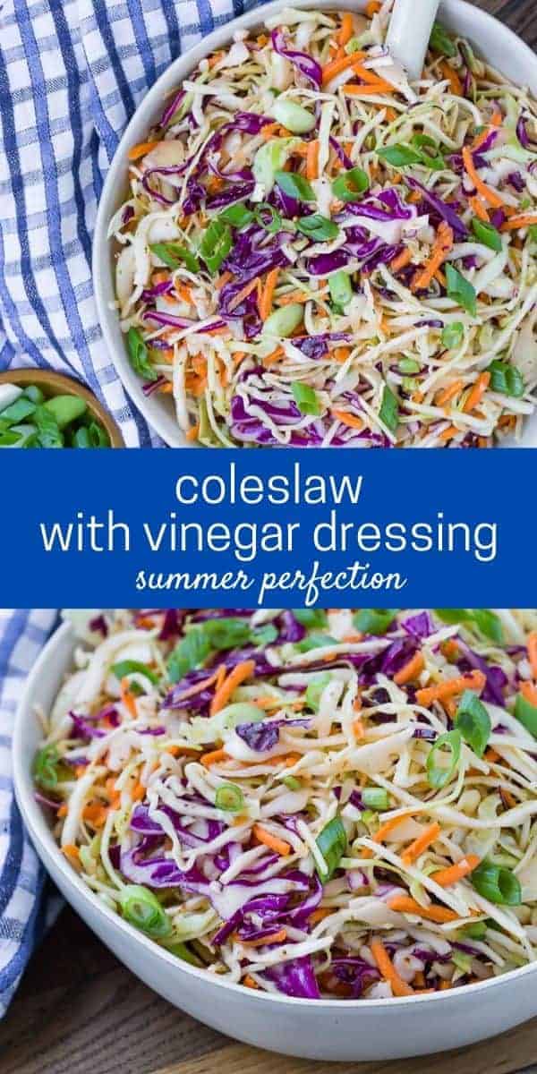 Two images of colorful coleslaw in a white bowl with a blue and white linen. Text overlay reads "coleslaw with vinegar dressing - summer perfection"