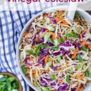 Colorful coleslaw in a white bowl with a blue and white linen. Text overlay reads "the best vinegar coleslaw."