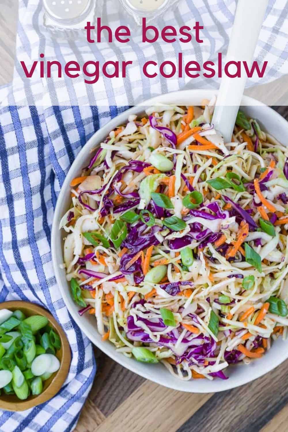 Colorful coleslaw in a white bowl with a blue and white linen. Text overlay reads "the best vinegar coleslaw."