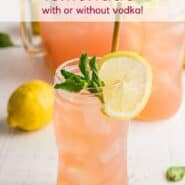 A light pink drink in a tall clear glass, garnished with lemon and fresh mint. Text overlay reads "watermelon mint lemonade - with or without vodka."