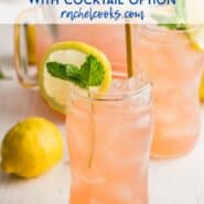 A light pink drink in a tall clear glass, garnished with lemon and fresh mint. Text overlay reads "watermelon mint lemonade - with or without vodka."