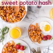 Overhead view of plates of sweet potatoes and fried eggs, text overlay reads "air fryer sweet potato hash"