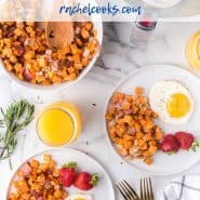 Overhead view of plates of sweet potatoes and fried eggs, text overlay reads "air fryer sweet potato hash with candied bacon"