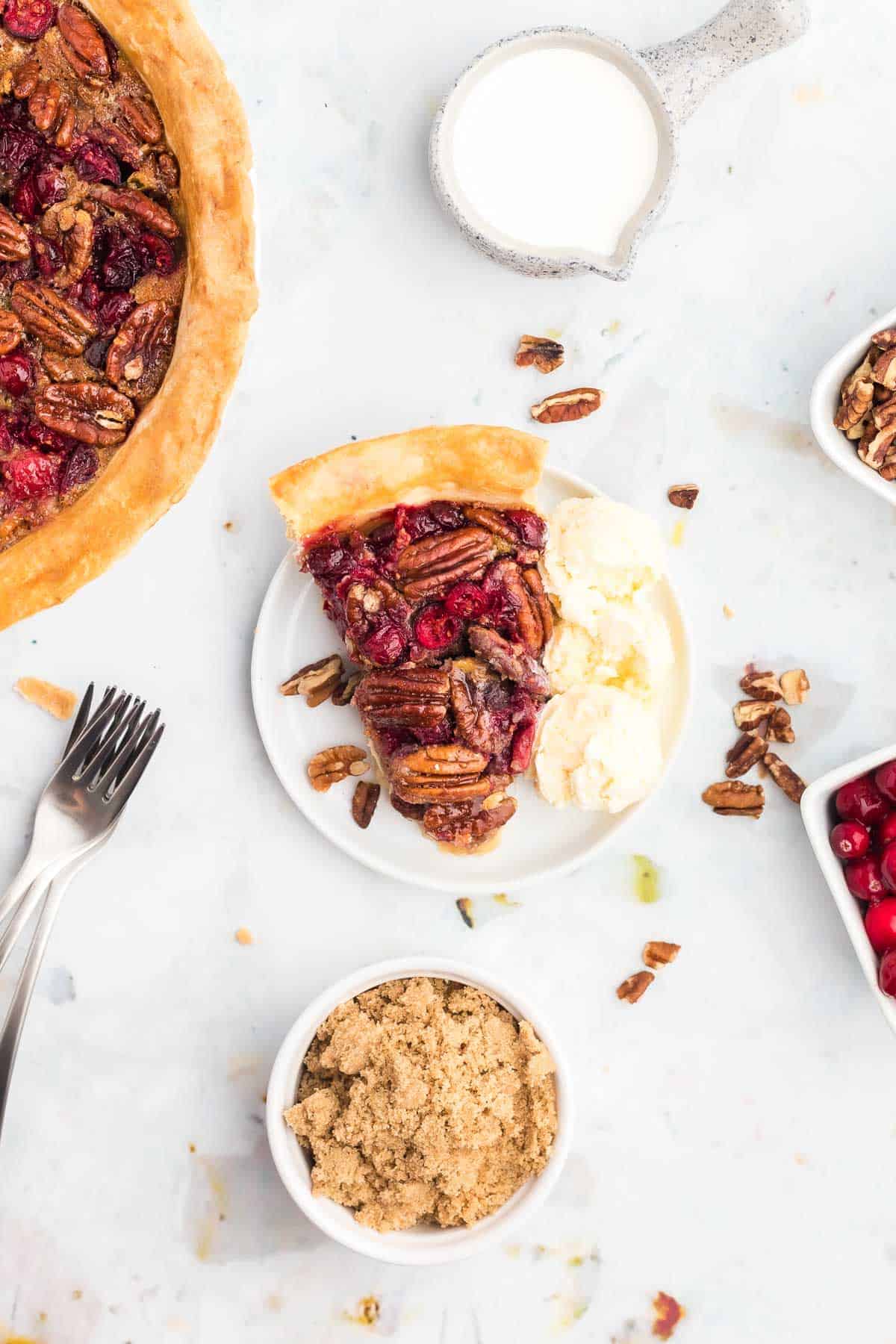 Pecan pie served with ice cream. 