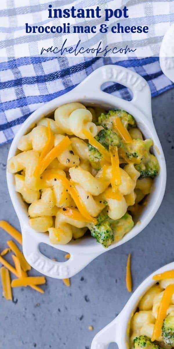 Overhead view of a small white bowl full of pasta and broccoli. Text overlay reads "instant pot broccoli mac and cheese"