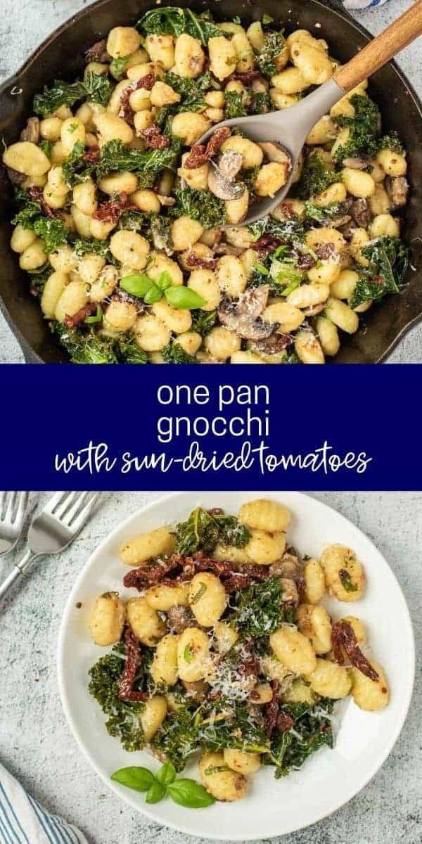 Two images of gnocchi both in pan and plated, texted overlay reads "one pan gnocchi with sun-dried tomatoes"