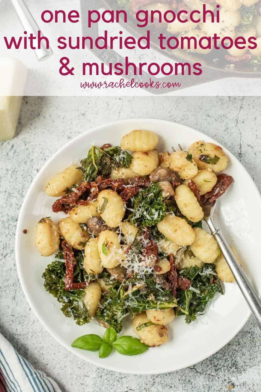 Overhead view of plated gnocchi, text overlay reads "one pan gnocchi with sun-dried tomatoes & mushrooms."