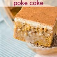 Cake being scooped out of a baking dish, text overlay reads "the best pumpkin poke cake"