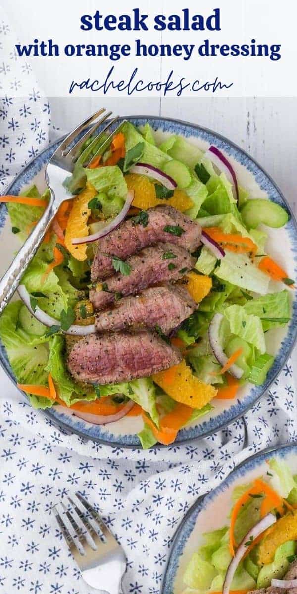 Steak salad with oranges with a text overlay reading "steak salad with orange honey dressing"