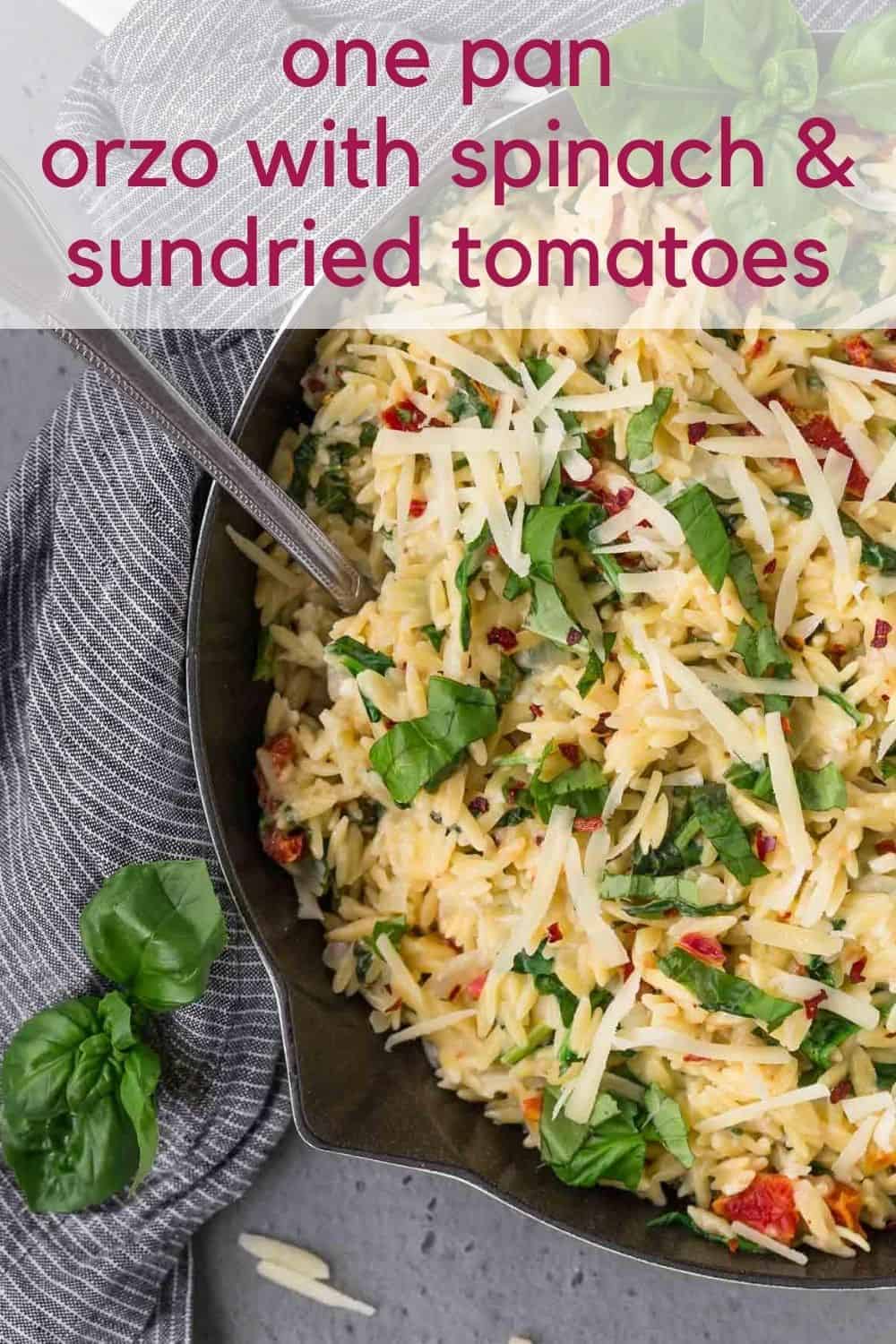 Overhead image of creamy one pot orzo with spinach, sun-dried tomatoes and fresh basil. Text overlay reads "one pan orzo with sundried tomatoes"