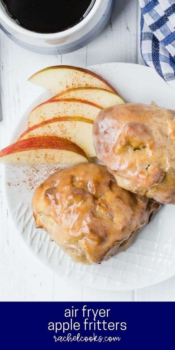 Apple fritters with glaze on a plate with sliced apples.