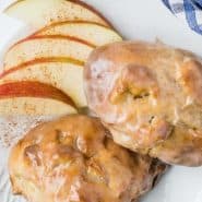Air fryer apple fritters with text overlay containing recipe title.