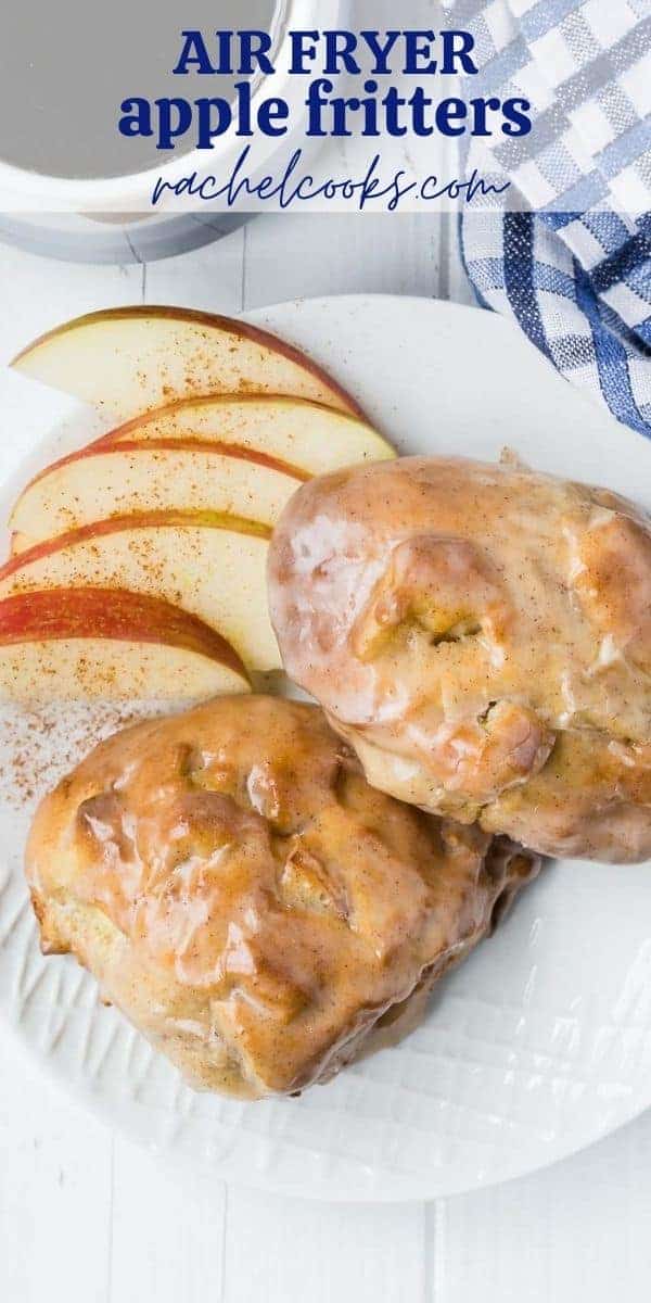 Air fryer apple fritters with text overlay containing recipe title.