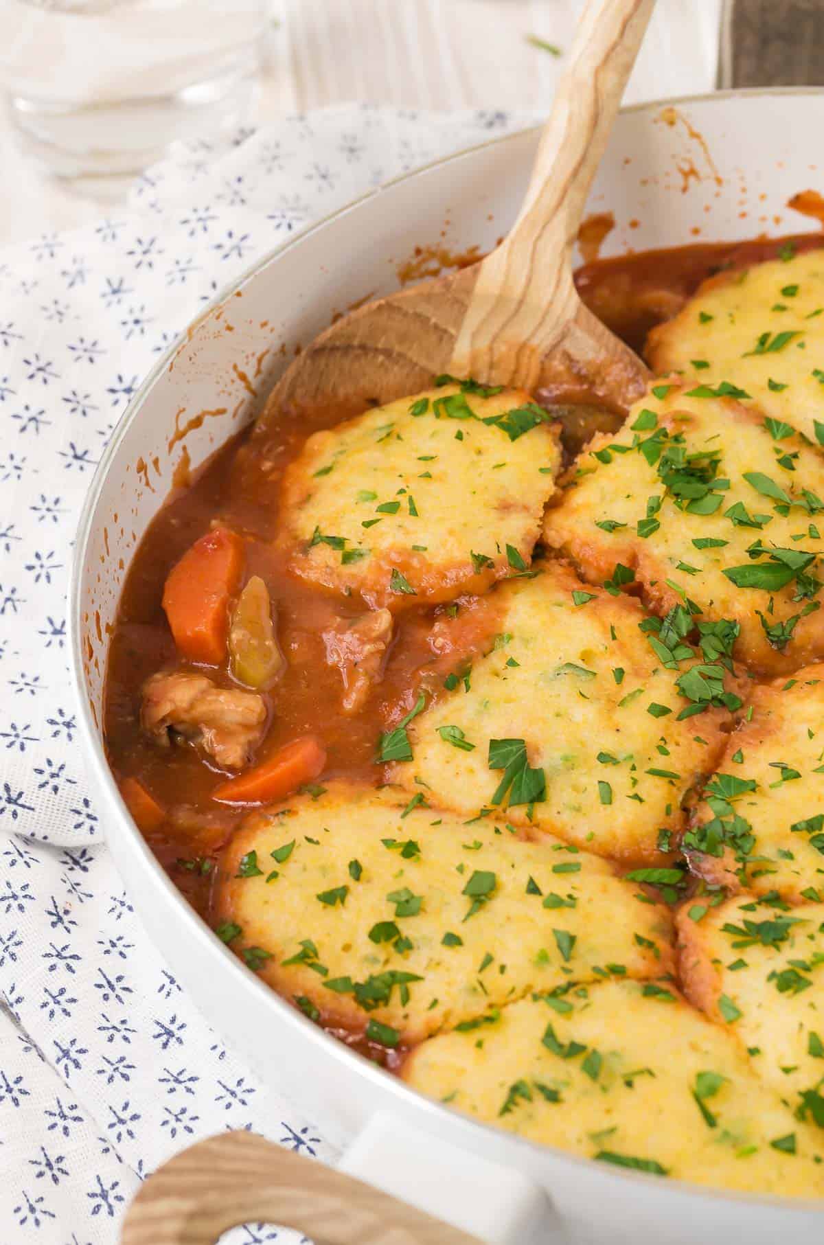 Chicken with cornmeal dumplings.