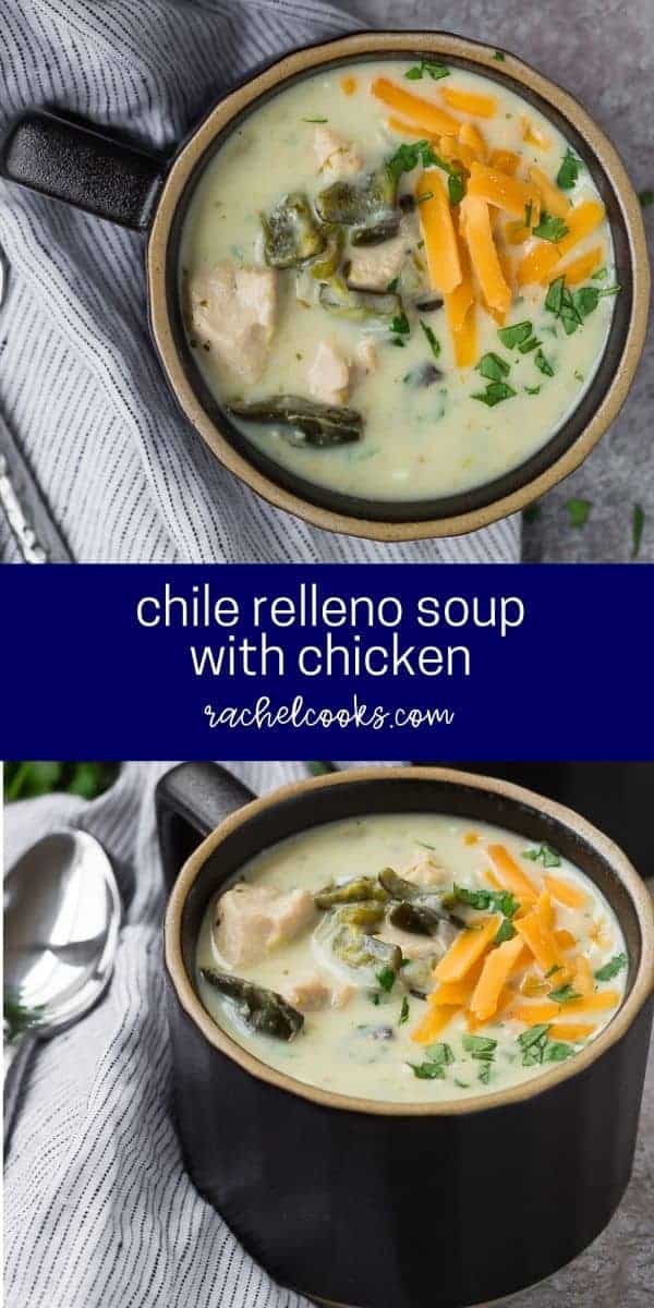 Overhead view of two bowls of soup, text overlay reads "chile relleno soup with chicken."