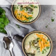 Overhead view of two bowls of soup, text overlay reads "chile relleno soup with chicken."