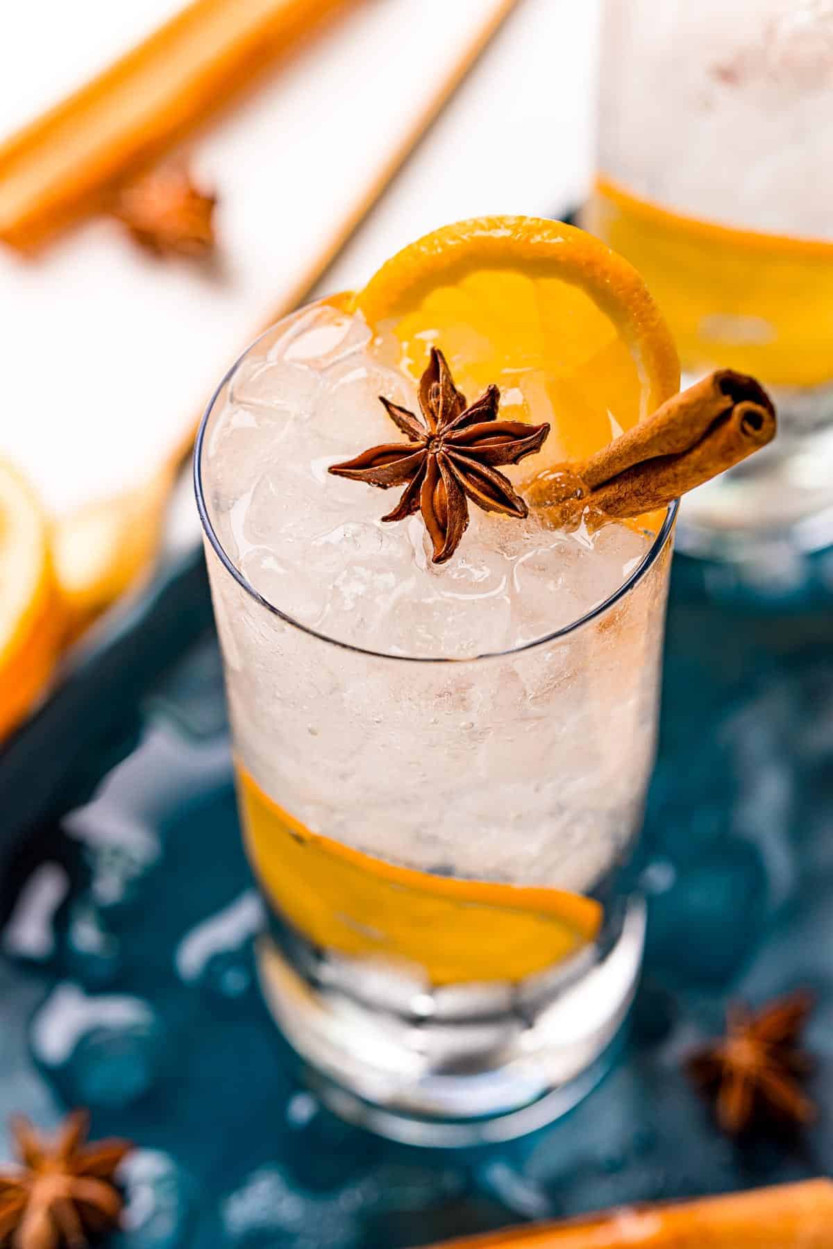 Overhead view of a fall inspired cocktail made with orange, gin, tonic, cinnamon, star anise.